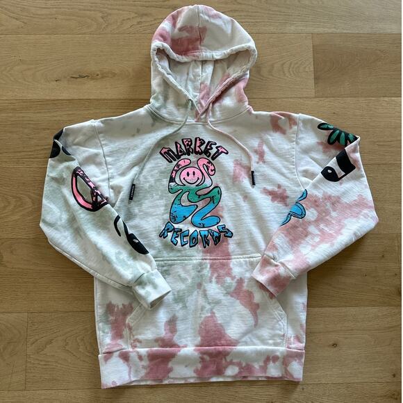 Market - Smiley Records Angel Sigh Tie Dye Hoodie in Off White Blue & Pink - Picture 1 of 3